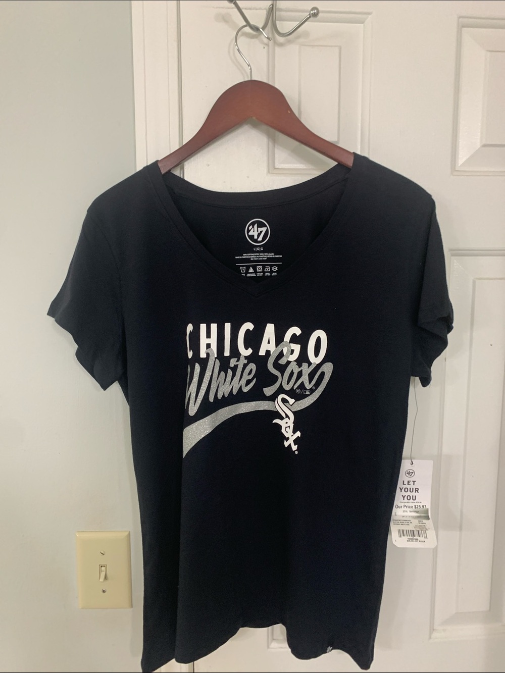 47 Black Chicago White Sox V-Neck Tee with Silver Graphic